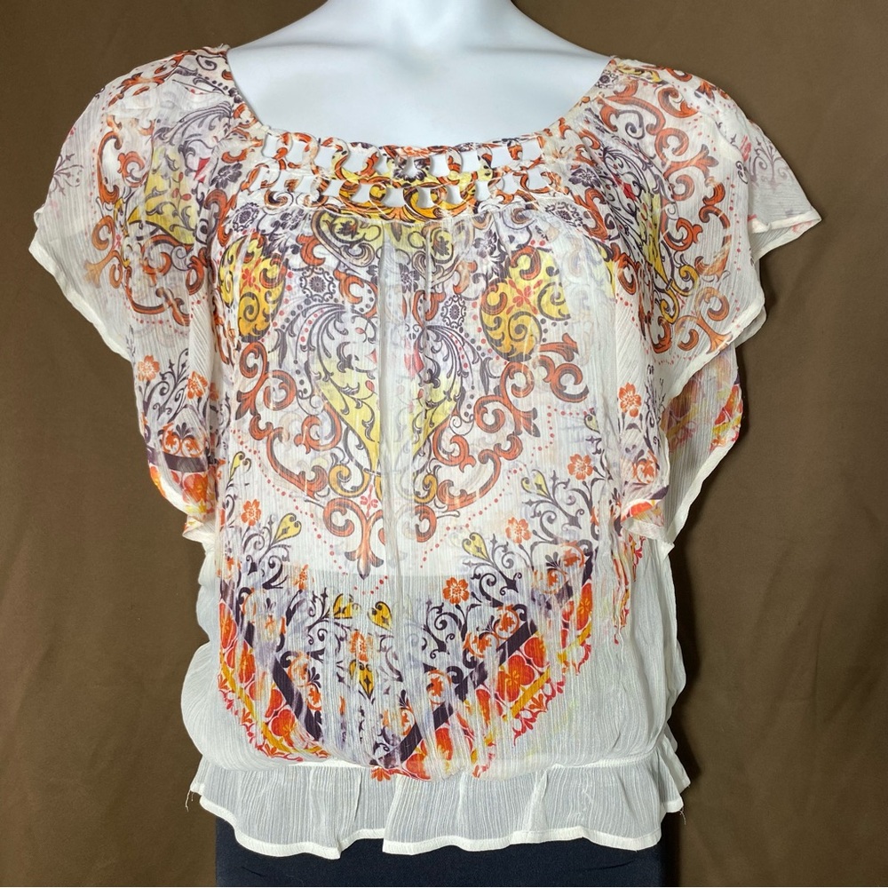 BONGO Women’s Semi-Shear Blouse Top Shirt with Cinched Waist Size Large
